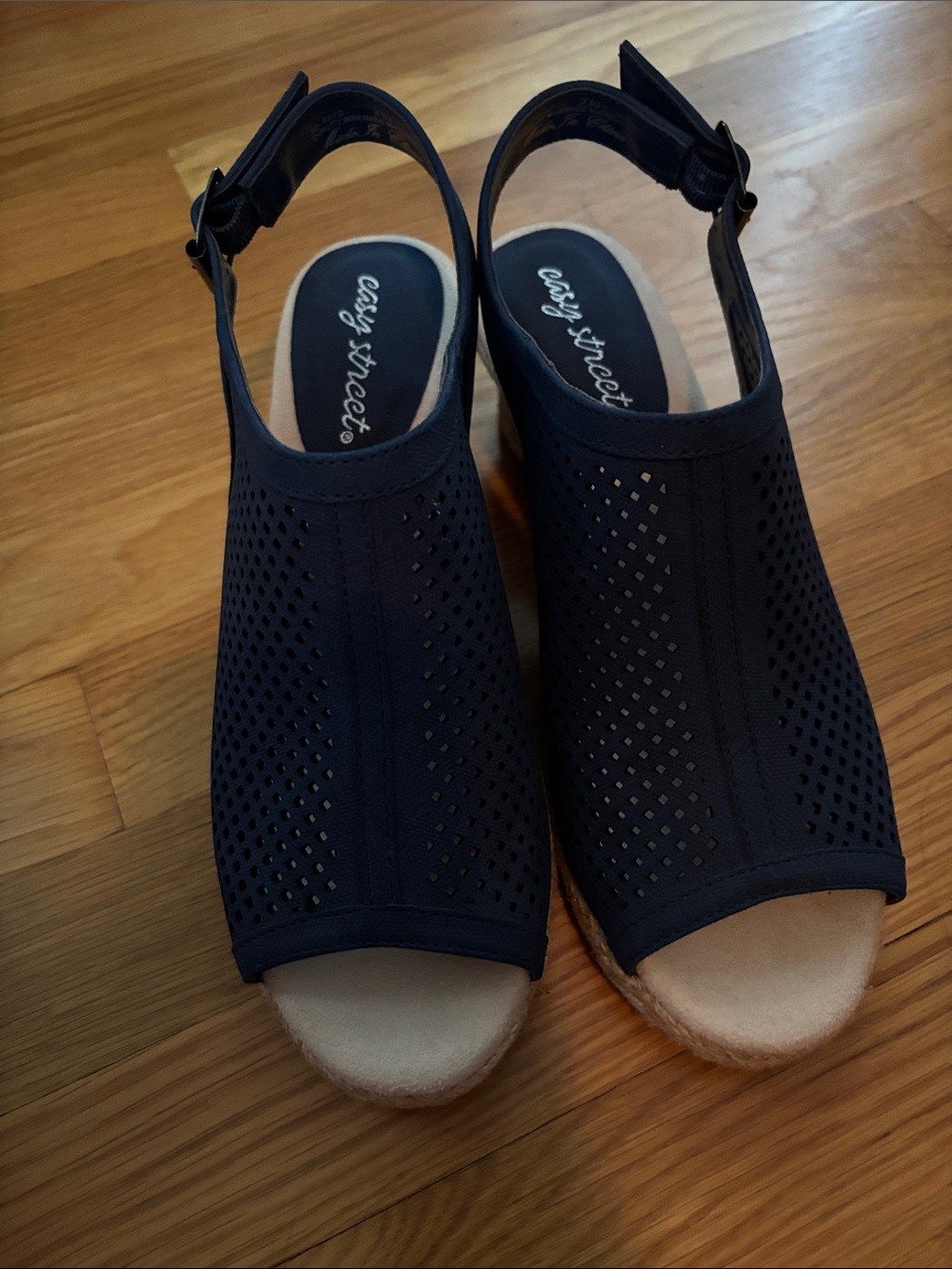 easy street navy perforated slingback wedge sandals with tan footbed